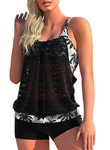 CIZEUR Tankini Oberteil Damen Zweiteiler Tank Top Mesh Bauchweg Tankini Set mit Short Push up Badeanzug Strand Schwimmanzug Swimsuits，2XL Mesh Schwarz von CIZEUR