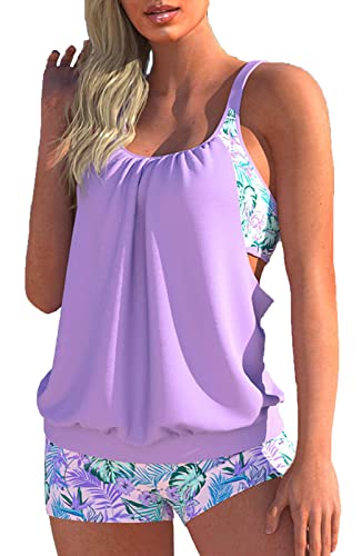 CIZEUR Tankini Oberteil Damen Zweiteiler Tank Top Mesh Bauchweg Tankini Set mit Short Push up Badeanzug Strand Schwimmanzug Swimsuits，2XL Violett von CIZEUR