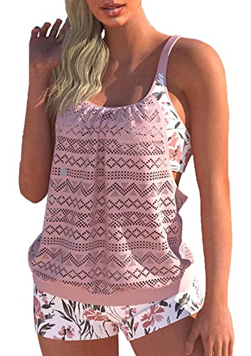 CIZEUR Tankini Oberteil Damen Zweiteiler Tank Top Mesh Bauchweg Tankini Set mit Short Push up Badeanzug Strand Schwimmanzug Swimsuits，3XL Mesh Rosa von CIZEUR