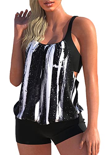 CIZEUR Tankini Oberteil Damen Zweiteiler Tank Top Mesh Bauchweg Tankini Set mit Short Push up Badeanzug Strand Schwimmanzug Swimsuits，4XL Schwarz und Weiß von CIZEUR