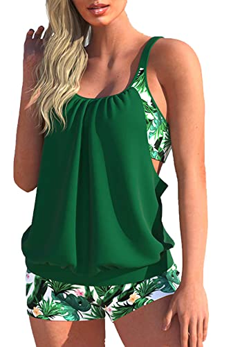 CIZEUR Tankini Oberteil Damen Zweiteiler Tank Top Mesh Bauchweg Tankini Set mit Short Push up Badeanzug Strand Schwimmanzug Swimsuits，5XL Grün von CIZEUR