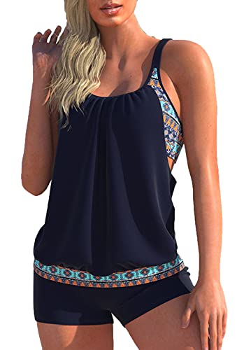 CIZEUR Tankini Oberteil Damen Zweiteiler Tank Top Mesh Bauchweg Tankini Set mit Short Push up Badeanzug Strand Schwimmanzug Swimsuits，5XL Tiefblau von CIZEUR