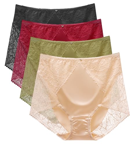 CIZEUR Unterhosen Damen Panty Spitze Hohe Taille Hipster Unterwäsche Satin Sexy Slips für Frauen Stretch Atmungsaktive Dessous Mehrpack,XL Mehrfarbig-4psc von CIZEUR