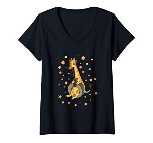 Damen Giraffe Schaukel T-Shirt mit V-Ausschnitt von CJ Merch