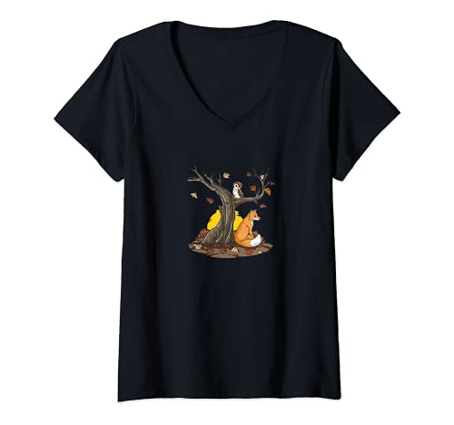 Damen Herbst Baum Fuchs Eule T-Shirt mit V-Ausschnitt von CJ Merch