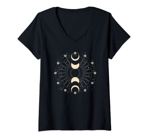 Damen Moon Phasen Illustration Astrologie T-Shirt mit V-Ausschnitt von CJ Merch