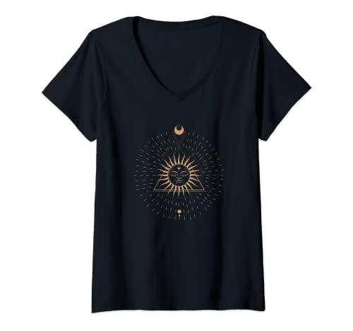 Damen Sonne und Mond mystische Illustation Astrologie T-Shirt mit V-Ausschnitt von CJ Merch