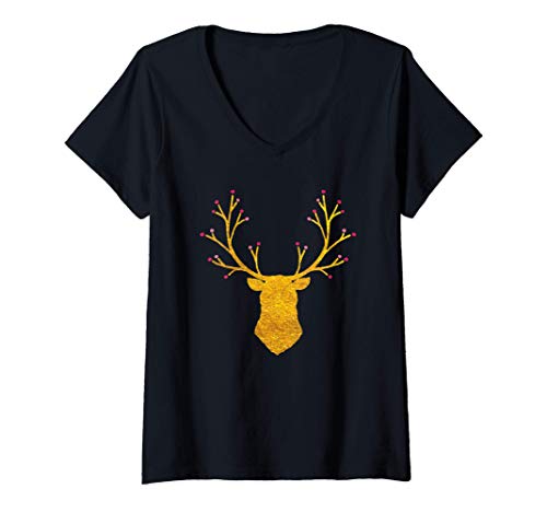 Damen Weihnachten Hirsch Geweih T-Shirt mit V-Ausschnitt von CJ Merch