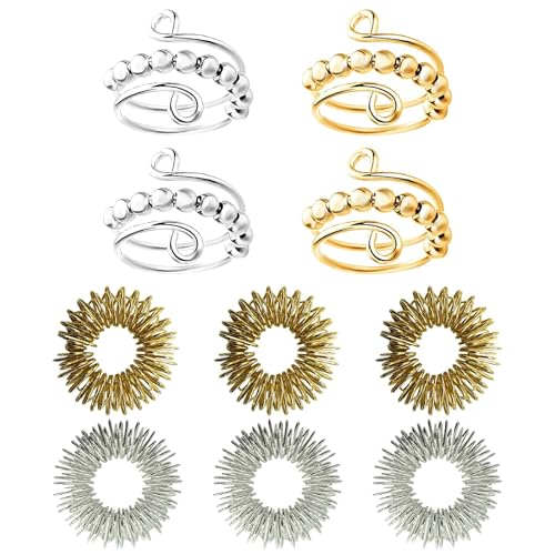10 Stück Anti Stress Ring Set, 4 Verstellbare Drehringe Und 6 Akupressur Rings, Fidget Rings Für Stress Relief, Anxiety Ring Ideal Für Erwachsene und Kinder,skill ringe,fidget rings (Gold Silber) von CJAPGJW