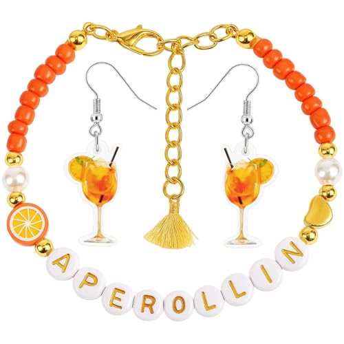 CJAPGJW 3 Stück Orange Geschenk, 1 Armband Und 2 Weinglas Ohrringe, Verstellbares Armband, Sommer Party Accessoires Für Frauen Und Männer, Orange Accessoires Für Party Deko Feiern von CJAPGJW