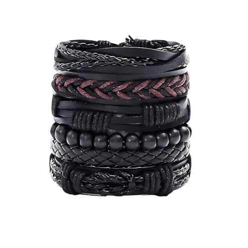CJAPGJW Lederarmband Herren Set, 6 Stück Geflochtene Lederarmbänder mit Holzperlen, Verstellbare Armbänder für Männer, Zeitloses Design für Täglichen Gebrauch von CJAPGJW