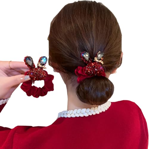 2 Stück Strass-Hasenohren-Haargummis für Frauen und Mädchen, niedliches Hasen-Haarband, Pferdeschwanz-Halter, elastische Haargummis, modisches Haar-Accessoire (rot) von CJKDXDH