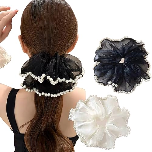 2 Stück große elegante Perlen Haargummis für Frauen Mädchen Mode Haargummis elastisches Haarband Scrunchy Pferdeschwanz Halter Haarschmuck (bunt) von CJKDXDH