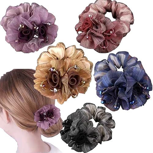 CJKDXDH 5 Stück Rose Blume Spitze Haar Scrunchies für Frauen Mädchen Elastische Haarschleifen Modische Pferdeschwanzhalter Haargummi Seile Haarschmuck (bunt) von CJKDXDH