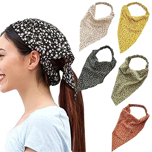 CJKDXDH 5 Stück Boho-Chiffon-Haarschal, Stirnband, Blumendruck, fließendes Haar, Dreieckstuch, Schal, Turban für Frauen und Mädchen (bunt) von CJKDXDH