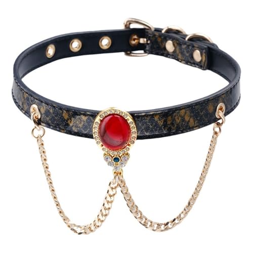 CJKDXDH Eleganter Kunstleder-Halsreif mit rotem Strass verzierter mentaler Anhänger, 3 cm breite Verlängerungskette (35,6 - 43,2 cm), glänzendes Metalldekor, perfekt für Verabredungen, Partys und als von CJKDXDH