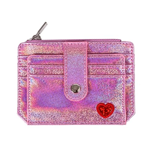 CJKDXDH Glitzernde RFID-Kreditkartenhalter, Mini-Vordertasche, Geldbörse, schmal, Münzgeldbörse, Kartenetui mit Reißverschlusstasche für Frauen und Mädchen, Pink von CJKDXDH