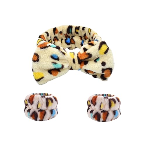 CJKDXDH Leoparden-Spa-Stirnband und Armbänder zum Waschen des Gesichts, weiches Make-up-Haarband, flauschige Schleife, Stirnband für Dusche, Hautpflege, Yoga, bunt, 3 Stück von CJKDXDH