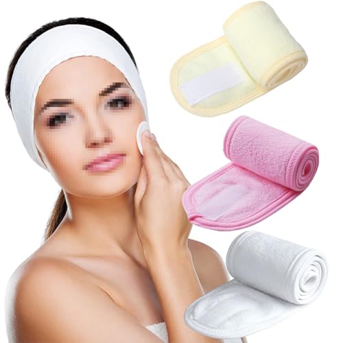 CJKDXDH Spa-Stirnband zum Waschen des Gesichts, Frottee, Stirnbänder, Make-up, Stretch-Handtuch mit Verschluss, Haarschmuck (gelb, rosa, weiß), 3 Stück von CJKDXDH