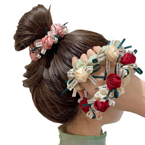 Elastische Haargummis mit Blume, für Damen und Mädchen, Kunstrosen, Blumenschleife, elegantes Haarband, Pferdeschwanz-Halter, Dekoration, Haargummi, Haar-Accessoires, bunt, 3 Stück von CJKDXDH