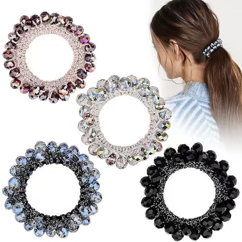 Haargummis mit Strassperlen, Boho-Stil, elastisch, Pferdeschwanz-Halter, glitzernde Haargummis, Perlen, Haargummis, elegantes Haar-Accessoire für Damen, 4 Stück von CJKDXDH