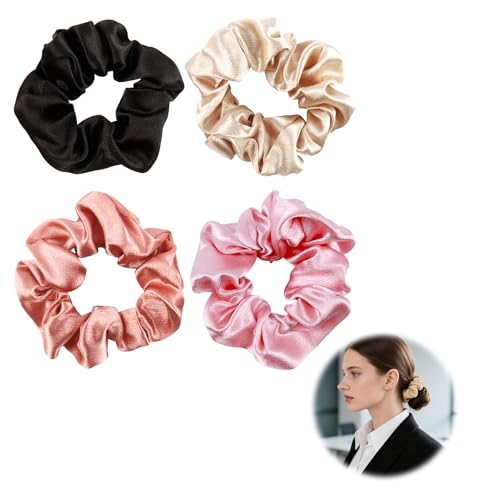 4 Stück Haargummi Damen Seide Haargummi 100% Reine Maulbeerseide, Seiden Haargummis, Scrunchies Seide, Sanfte Haargummis für Mädchen Damen Elastische Pferdeschwanz (Schwarz Champagner Beige Rosa) von CJMUQHEHH