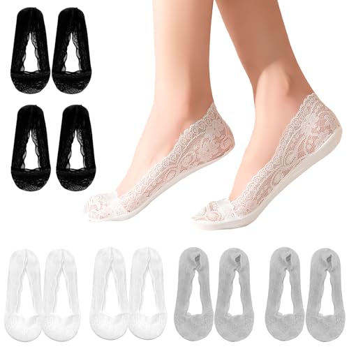 6 Paar Damen Füßlinge Spitze Unsichtbare Ballerina Socken mit Rutschfest Silikon, Gilt für Füßlinge Damen High Heels， eisseide Socken damen, Schwarzes Nacktes Grau Heller Hautton，Einheitsgröße von CJMUQHEHH