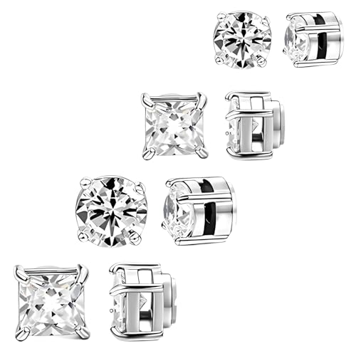 CJQRL 4 Paare Magnetische Ohrringe, Edelstahl, Non-piercing Clip on, Rund/Quadratisch, Damen & Herren, Zirkonoxid 6/7MM von CJQRL