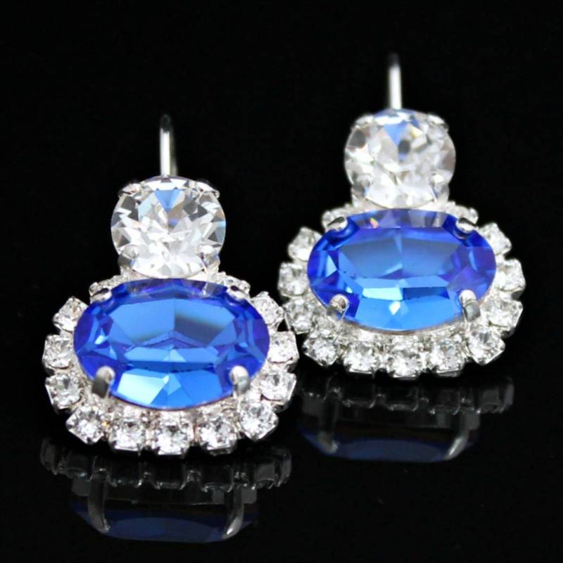 Blaue Kristall Halo Ohrringe, Silberne Ovale Mit Klaren Kristallen, Kristallohrringe, Kobaltblaue Kristallohrringe von CJRoseBoutique