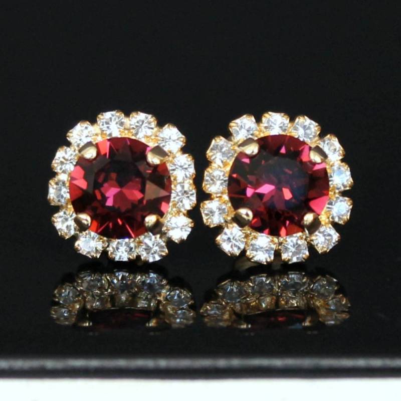 Burgunder Kristall Halo Ohrstecker, Kristalle Auf Gold Post Ohrringe, Ohrstecker von CJRoseBoutique