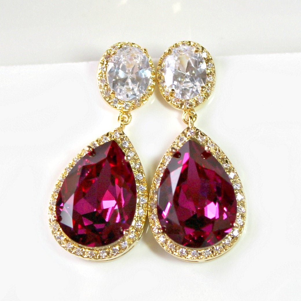 Fuchsia Teardrop Crystal Halo Ohrringe, Kristallohrringe, Glamouröse Hellrosa Ohrringe von CJRoseBoutique