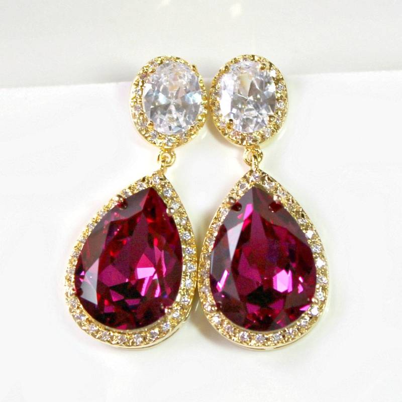 Fuchsia Teardrop Crystal Halo Ohrringe, Kristallohrringe, Glamouröse Hellrosa Ohrringe von CJRoseBoutique