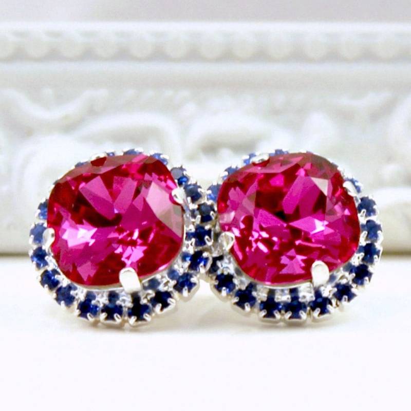 Fuchsia Und Saphir Blau Halo Kristall Ohrstecker, Ohrstecker von CJRoseBoutique
