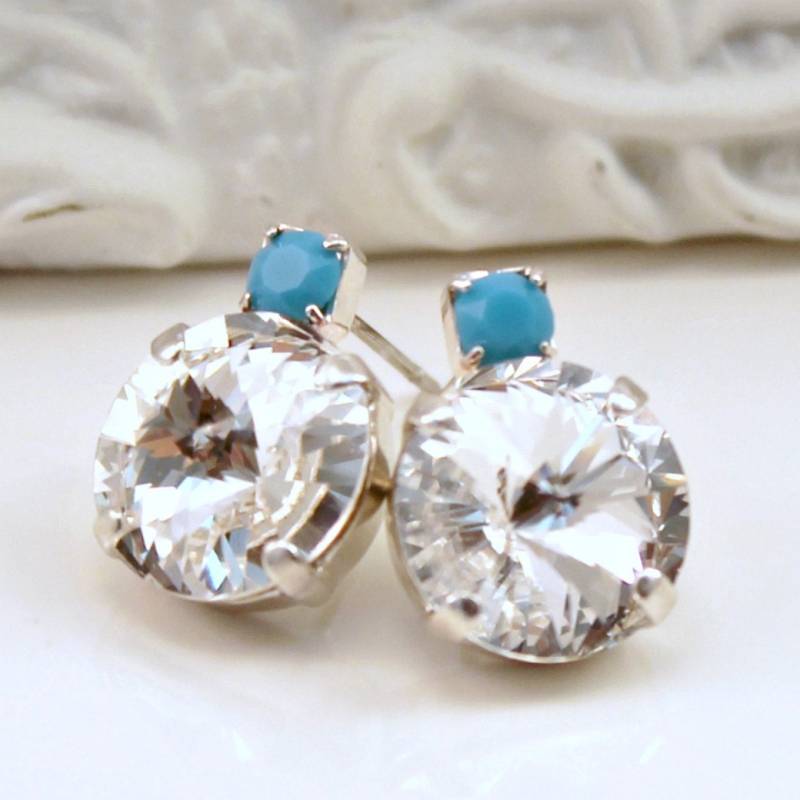 Klare Kristall Ohrstecker Mit Türkis Akzenten, Silber Ohrstecker, Rivoli Ohrringe, Geschenk Für Sie von CJRoseBoutique