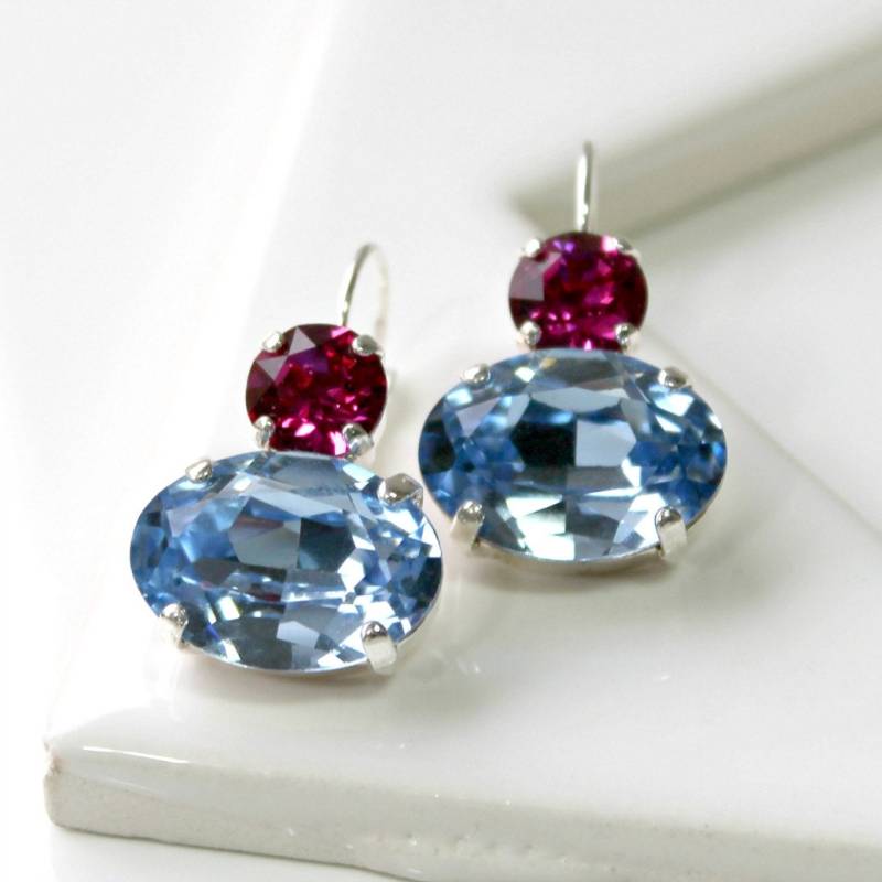 Light Saphir Blau Und Fuchsia Kristall Tropfen Ohrringe, Oval Blaue Ohrhänger Ohrringe in Silber, Braut von CJRoseBoutique