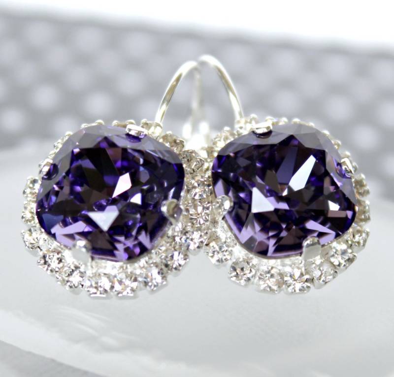 Lila Kristall Halo Ohrringe, Lebendige Tansanit Silber Leverback Geschenk Für Sie von CJRoseBoutique