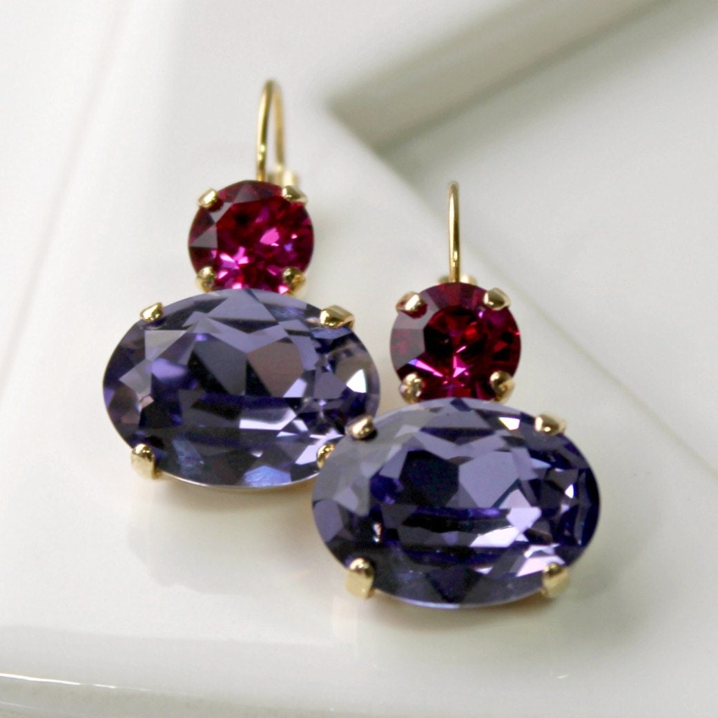 Lila & Fuchsia Kristall Gold Baumeln Ohrringe, Tansanit Und Helles Rosa Ohrringe in Gold, Elegante Tropfen von CJRoseBoutique