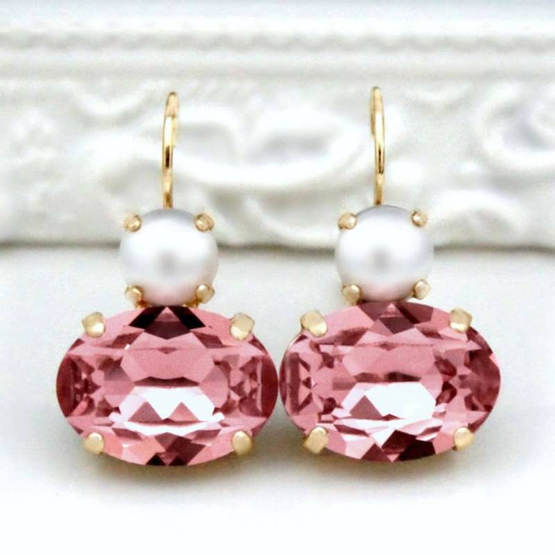 Perle Und Licht Rose Kristalle in Gold Baumeln Ohrringe, Rosa Kristall Elegante Ohrringe von CJRoseBoutique