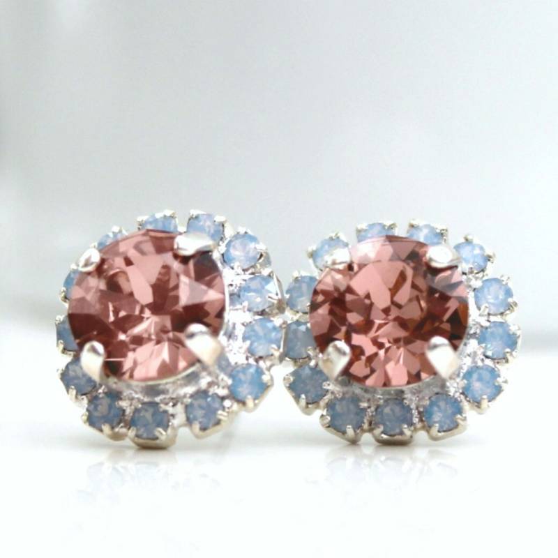 Rosa Kristalle Und Hellblaue Opal Halo-Kristalle Auf Silbernen Ohrsteckern, Silberne Halo-Ohrringe, Halo-Ohrringe von CJRoseBoutique