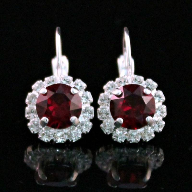 Rubinrote Halo-Ohrringe, Rote Kristall Halo-Tropfen, Halo Silber-Ohrringe von CJRoseBoutique