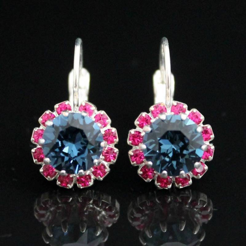 Saphirblaue Und Fuchsia Halo Kristallohrringe, Dunkelblaue Kristall Ohrhänger, Marineblaue Ohrstecker von CJRoseBoutique