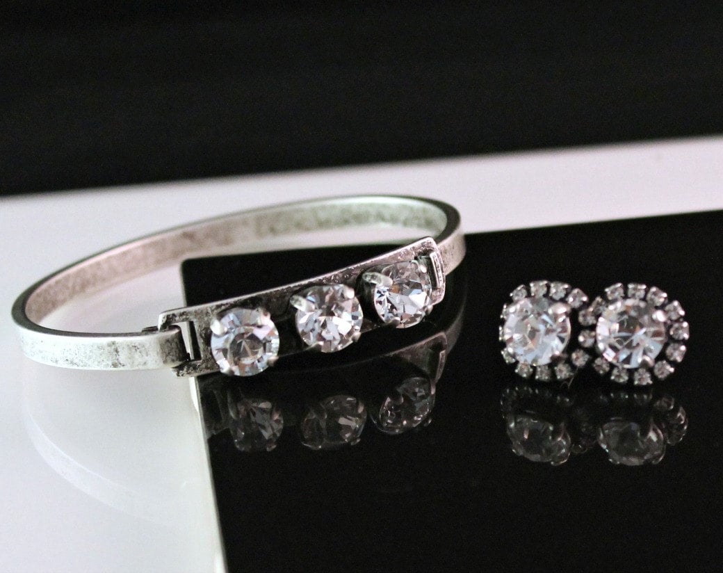 Antikes Silber Swarovski Kristall Armband Und Ohrringe Set von CJRoseBoutique