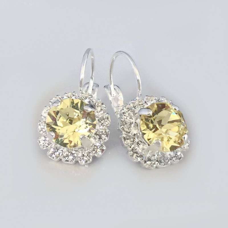 Zitronengelbe Kristallohrringe, Blassgelbe Halo Ohrringe, Kristall Silberohrringe, Zierliche Ohrringe von CJRoseBoutique