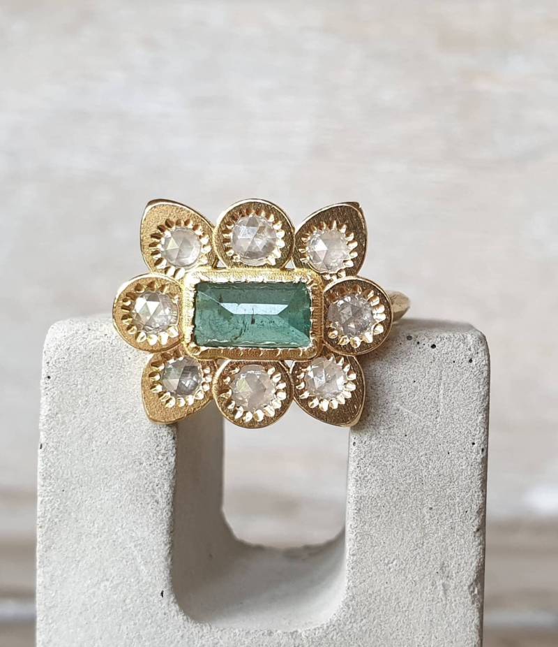 Smaragd Goldring - 18K Massiver Gelbgoldring-Rosenschliff Diamant Goldring-Verlobungsring-Cocktailring-Antiker Ring-Diamantring von CJbijoux