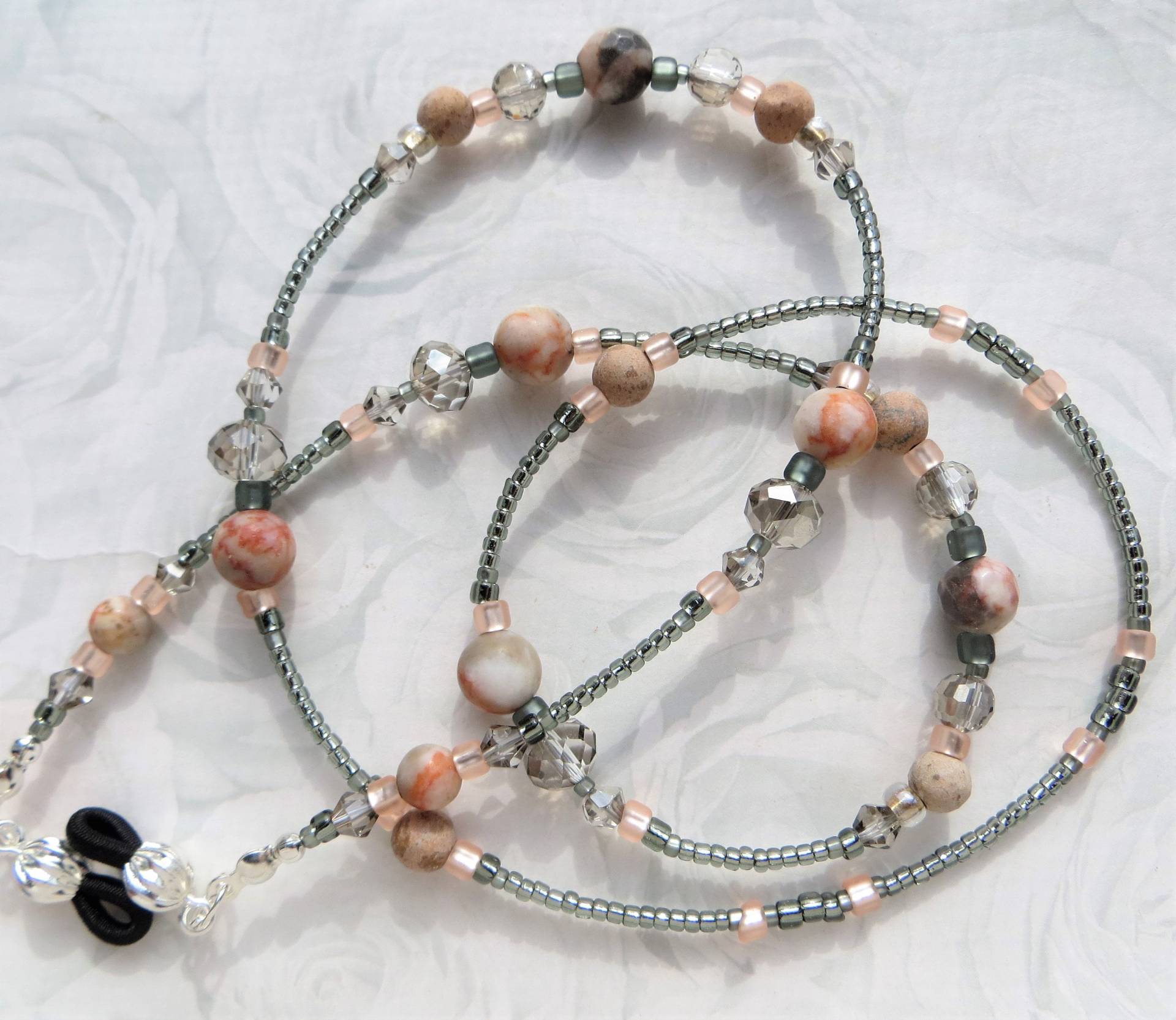 Elegante Marmor - Brillenkette, Brillenkette Aus Perlen in Pfirsich Und Silber, Sonnenbrillen-Lanyard - Zebrajaspis Edelsteinen Mit Grauen Kristallen von CJsInspirations