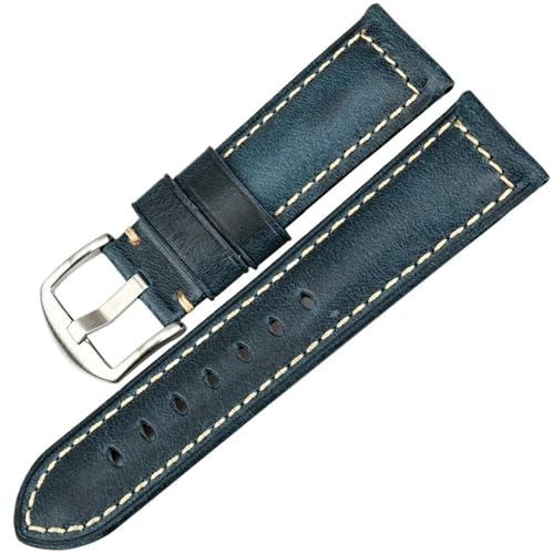 CKAKZTPTEV Vintage Öl Wachs Leder Uhr Band Band for Frauen Männer Strap Armband Universal Baita(Blue silver buckle,19mm) von CKAKZTPTEV