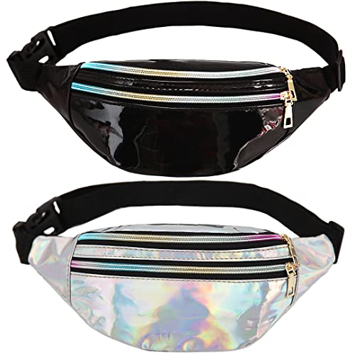 2 teilige glänzende holographische Fanny-Pack, CKANDAY Metallic Farbe Sport wasserdichte Taille Tasche Neon Taille mit Taschen und verstellbarem Gürtel für Frauen Männer Kinder Reisen Laufende von CKANDAY