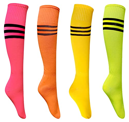 4 Paar kniehohe Socken, passend für Größe 39-44, dreifach gestreifte Rollschuh-Socken, hohe Hexe, Kniestrümpfe, bunt, Skaten, Athletic, Schwarz dreifach gestreift (gelb/rosa/orange/grün), 37.5-43 EU von CKANDAY