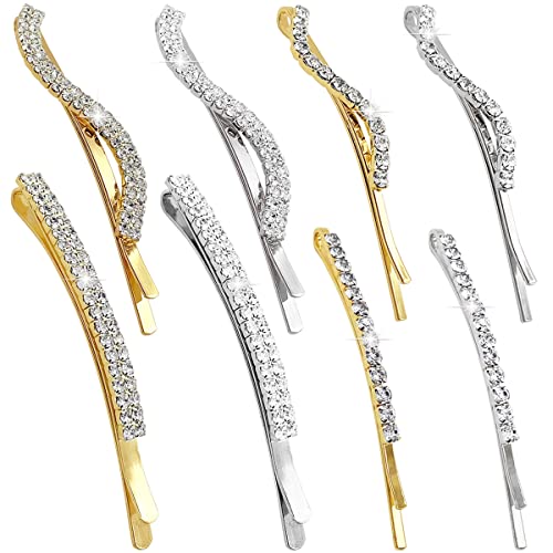 8 Stück klare Strass-Bobby-Pin Kristall-Haarnadel aus Metall, luxuriöse Bling-Diamant-Haarspangen, Hochzeit, Brautparty, Haarschmuck für Damen, Mädchen, 4 Stile, Gold/Silber von CKANDAY