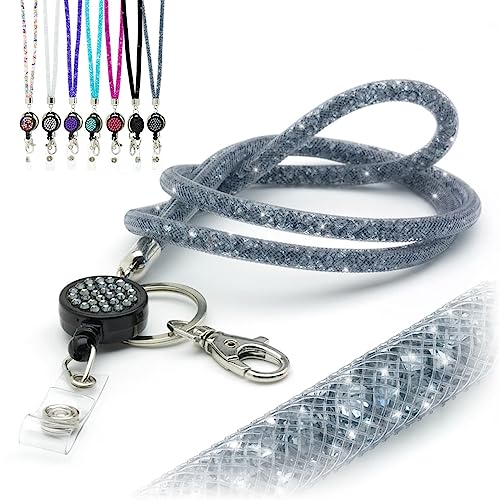 CKB LTD Grau glitzerndes Umhängeband mit Strasssteinen, mit drehbarem Metallclip und glitzerndem einziehbarem Ausweishalter, 1 Stück CKB LTD Grau glitzerndes Umhängeband mit Strasssteinen, mit drehbarem Metallclip und glitzerndem einziehbarem Ausweishalter, 1 Stück von CKB LTD